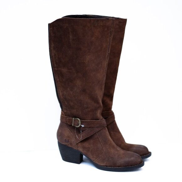 BORN Brown Suede Tall Leather Boots 9.5M Block Heels Buckle Side Zip Distressed - Picture 3 of 12